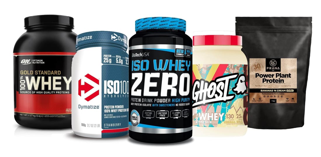 Lineup of premium protein powder tubs from Optimum Nutrition, Dymatize, BioTechUSA, Ghost and Prana ON