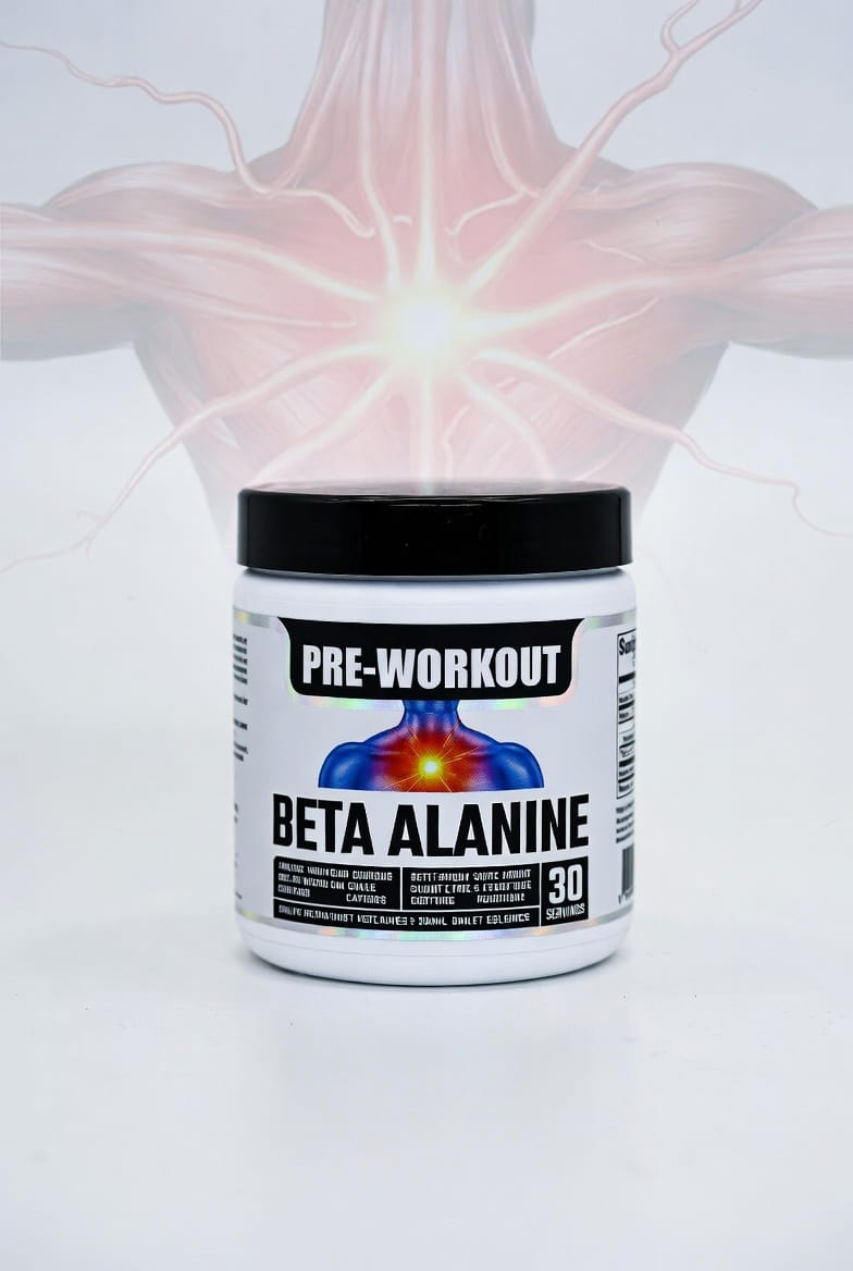 Beta-alanine pre-workout tub with an illustration of nerve signals across the shoulders and back