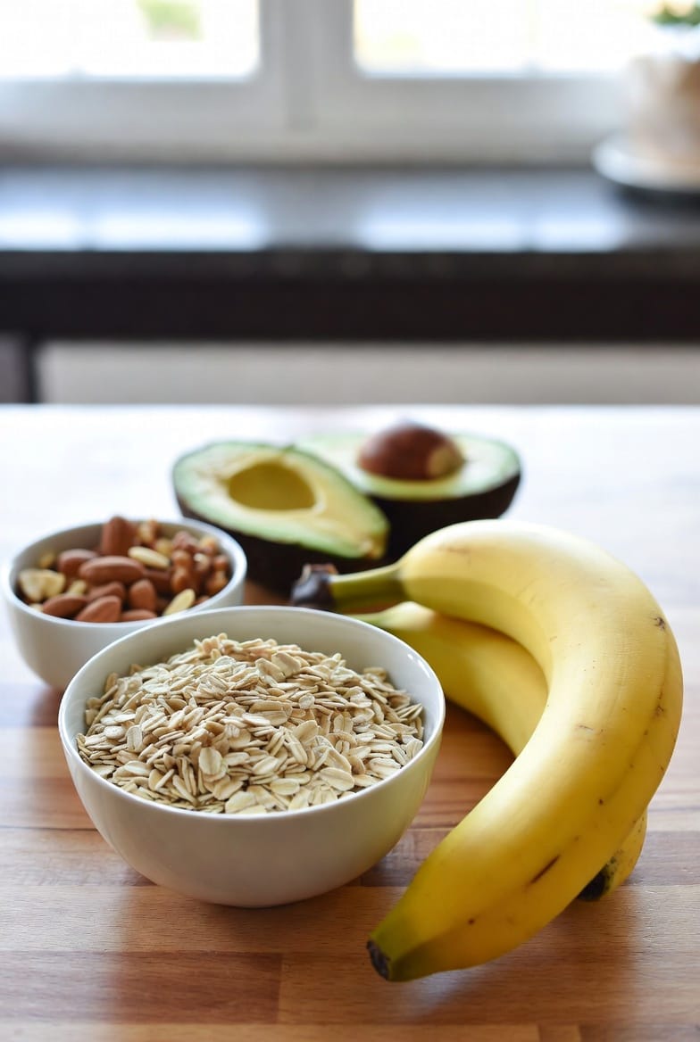 Bowls of oats and almonds beside a banana and a halved avocado, whole-food sources of carbohydrates and fats