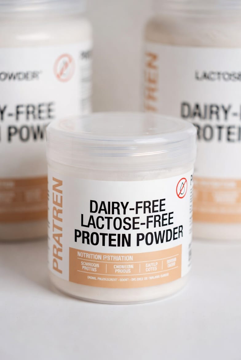 Tubs of dairy-free, lactose-free protein powder