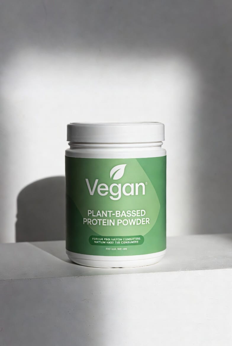Tub of vegan plant-based protein powder